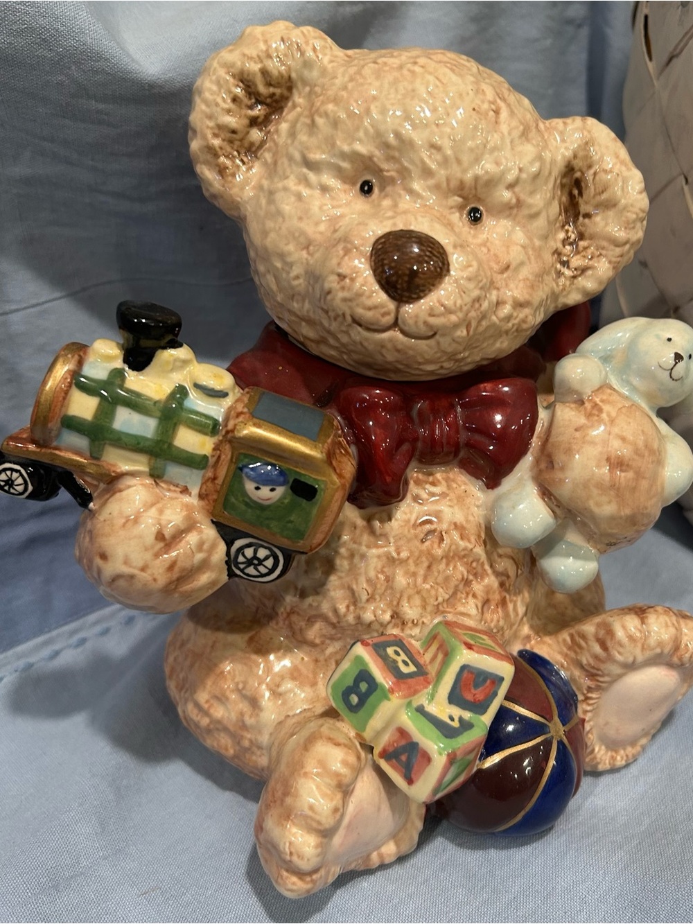 Vintage Teapot of Plush Bear with Red Bow and Toy Accents